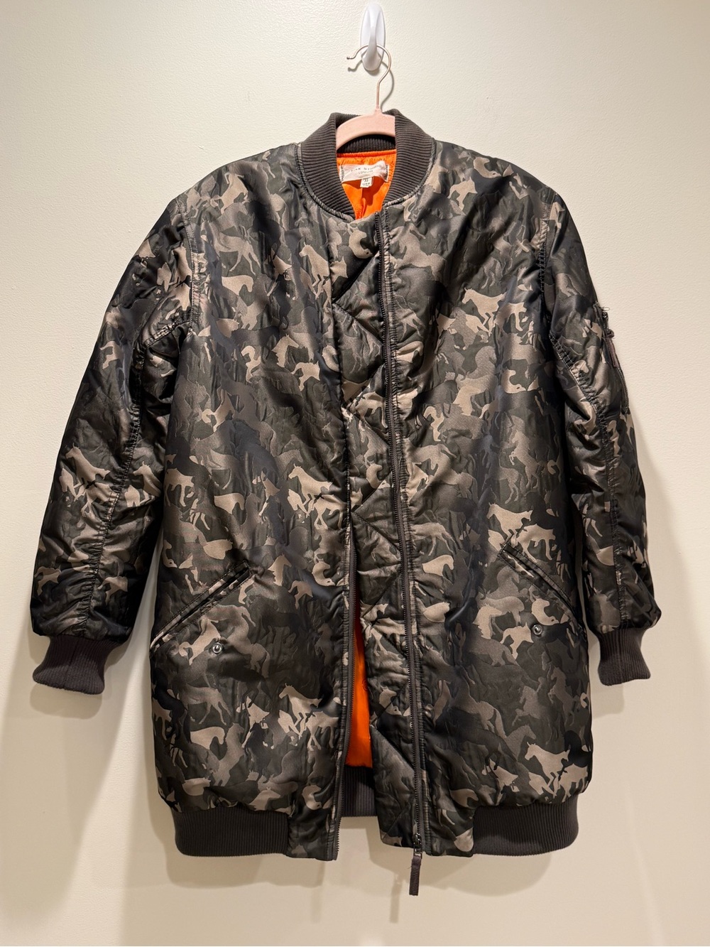 Max Studio Horse Camo Bomber Jacket XS Orange Lined 31" Western